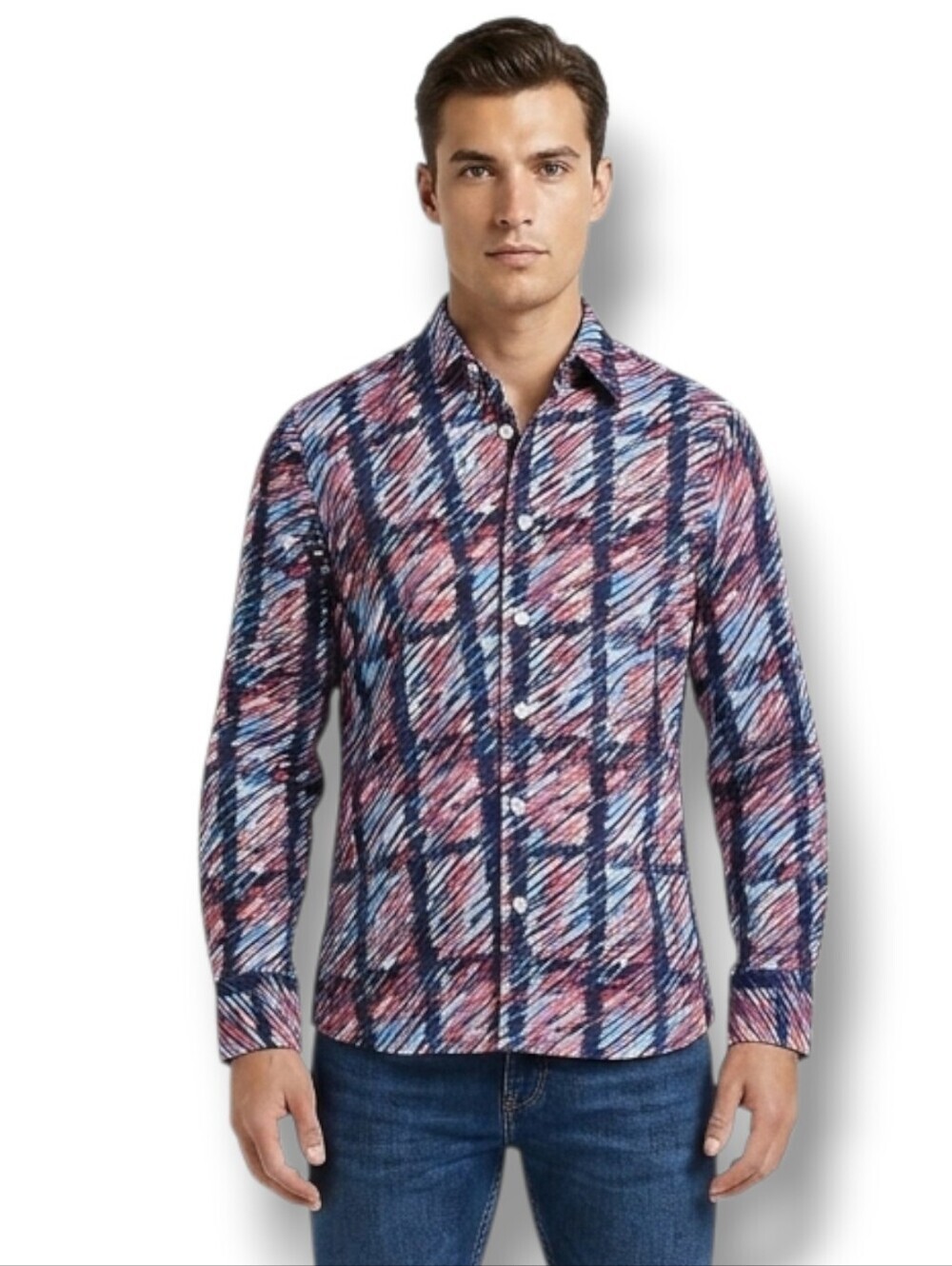 Medici Men’s Multi-Color Long Sleeve Button-Down Shirt – Medium